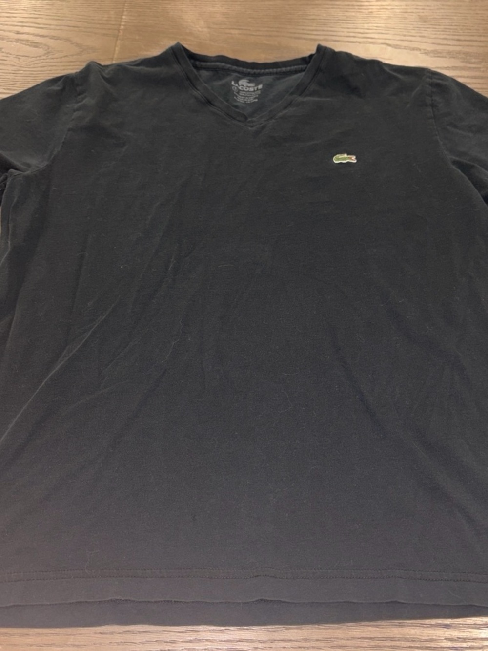 Lacoste Black V-Neck Short Sleeve Tee with Green Croc Logo. Medium